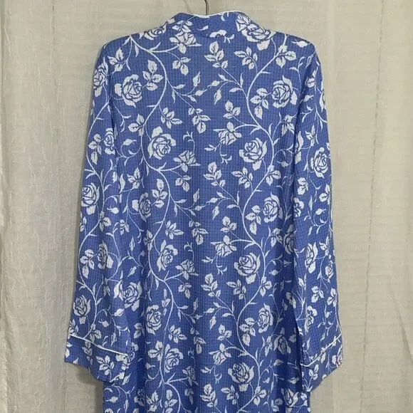 jasmine rose SML Light Blue White Floral Waffle Knit Full Zip Long Sleeve Robe - Picture 7 of 15